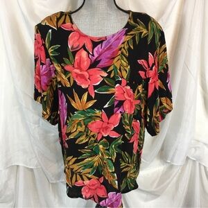 Vintage 80s 90s Options Size L XL Floral Blouse Top Short Sleeve Tropical Print